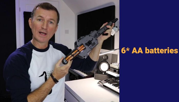 the Roland Aerophone uses 6 AA batteries. Sax School Online