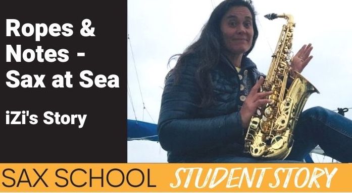 Sax School Student iZi learns saxophone at sea with saxophone lessons online from Sax School