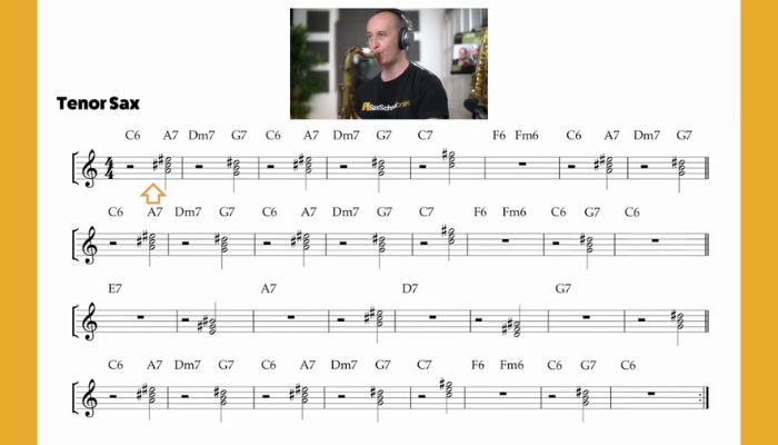 Play along this exercise to get better sax solos using augmented triads. Sax School Online.