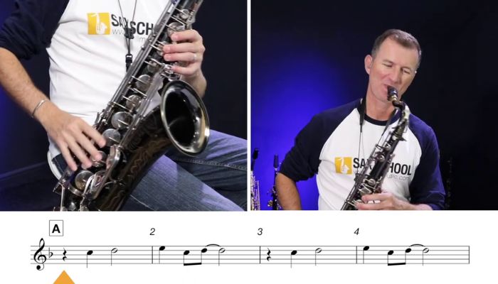beginner tenor saxophone lesson. Sax School Online. First Phrase