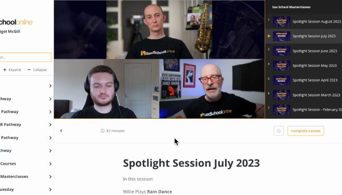Sax School members get feedback on their playing from our tutor team in our Spotlight Sessions. Sax School Online