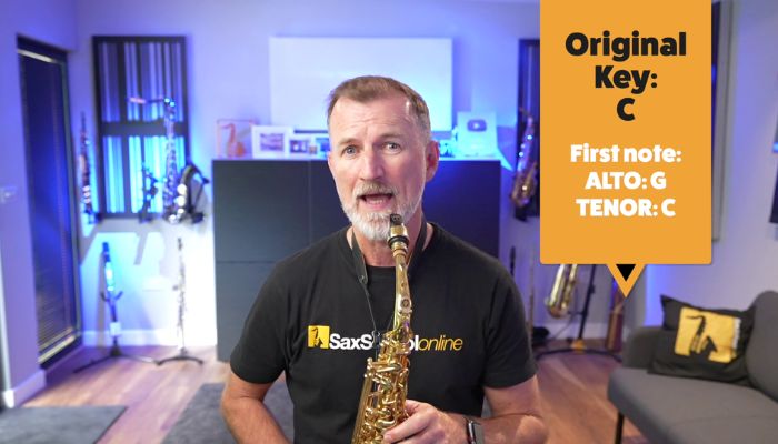 Transposing Happy Birthday on sax. Sax School Online. Original key is C. First note on alto sax is G and tenor sax is C