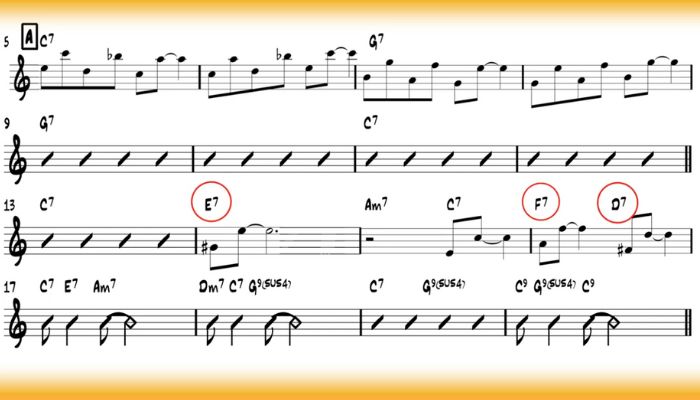 Using 6th intervals on other dominant chords. Easy blues tactics for sax. Sax School Online