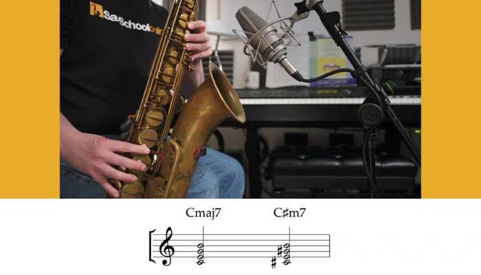 Use this technique hack on saxophone to change a C maj 7 shape to a C# min 7 shape. Sax School Online
