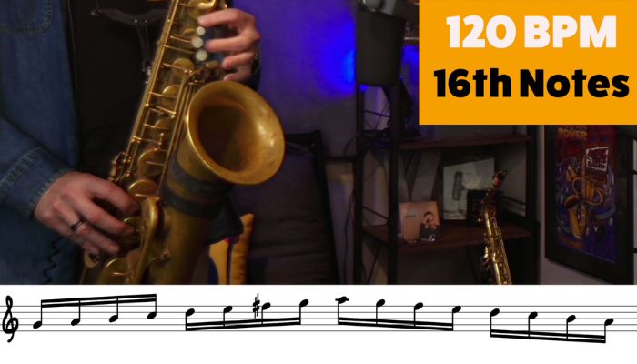 120BPM 16th notes Break tempo for faster fingers on sax practice. Sax School Online