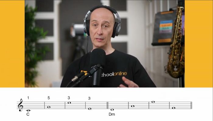 warmups for saxophone using triads in a major scale open voicings. Sax School Online