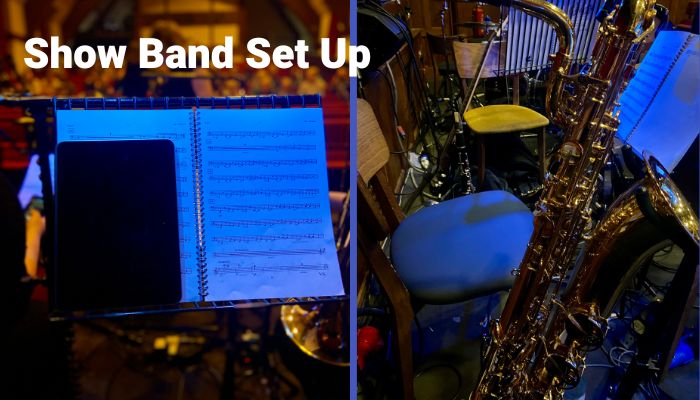 Pit band set up for playing saxophone in a musical. Sax School Online